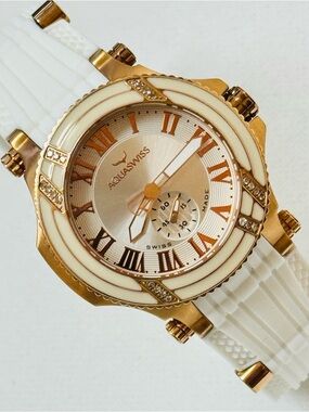AquaSwiss Bolt L Women's Rose Gold Diamond Bezel Watch White Silicone 36LD001002